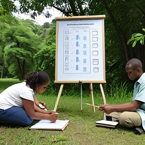 Home 18 A diverse group of people, including children and adults, are collaboratively gathering climate data in a local park, using simple tools like thermometers and notebooks, with a focus on hands-on learning and community engagement, set against a backdrop of lush greenery and clear skies.