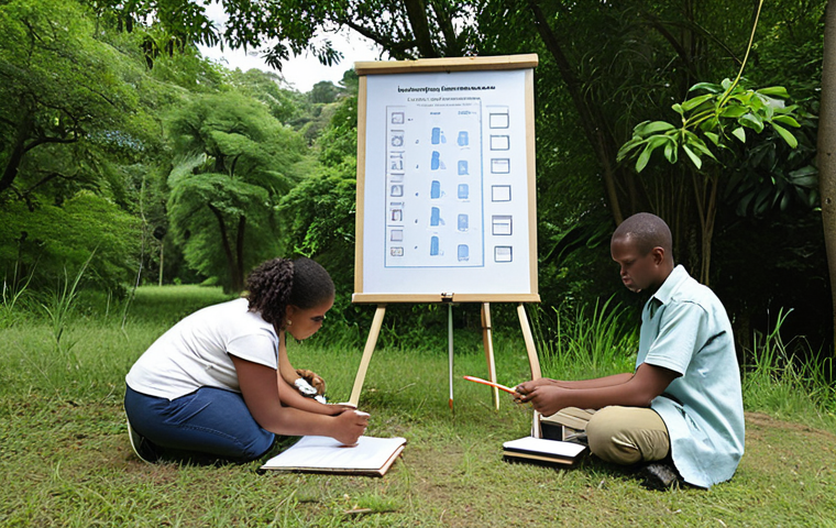 A diverse group of people, including children and adults, are collaboratively gathering climate data in a local park, using simple tools like thermometers and notebooks, with a focus on hands-on learning and community engagement, set against a backdrop of lush greenery and clear skies.