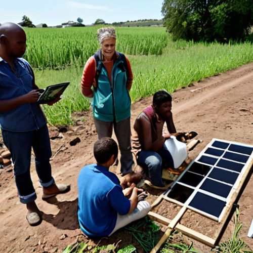 Home 17 A diverse group of citizens collaboratively observing and recording environmental changes in their local community, utilizing simple tools and sharing data on a digital platform, symbolizing collective action against climate change.