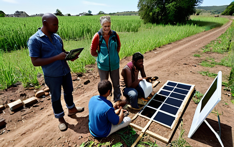A diverse group of citizens collaboratively observing and recording environmental changes in their local community, utilizing simple tools and sharing data on a digital platform, symbolizing collective action against climate change.