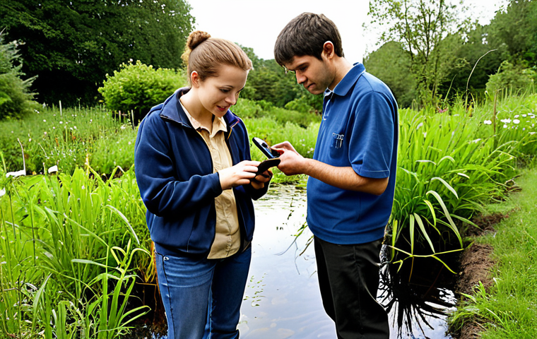 **
* **Prompt:** A diverse group of citizen scientists using a smartphone app to record environmental data. Some are checking water quality in a stream, others are noting plant growth in a garden. An expert scientist is shown nearby, offering guidance and support. Focus on the collaborative aspect and the use of technology in data collection. The style should be realistic but optimistic, emphasizing community engagement.
**