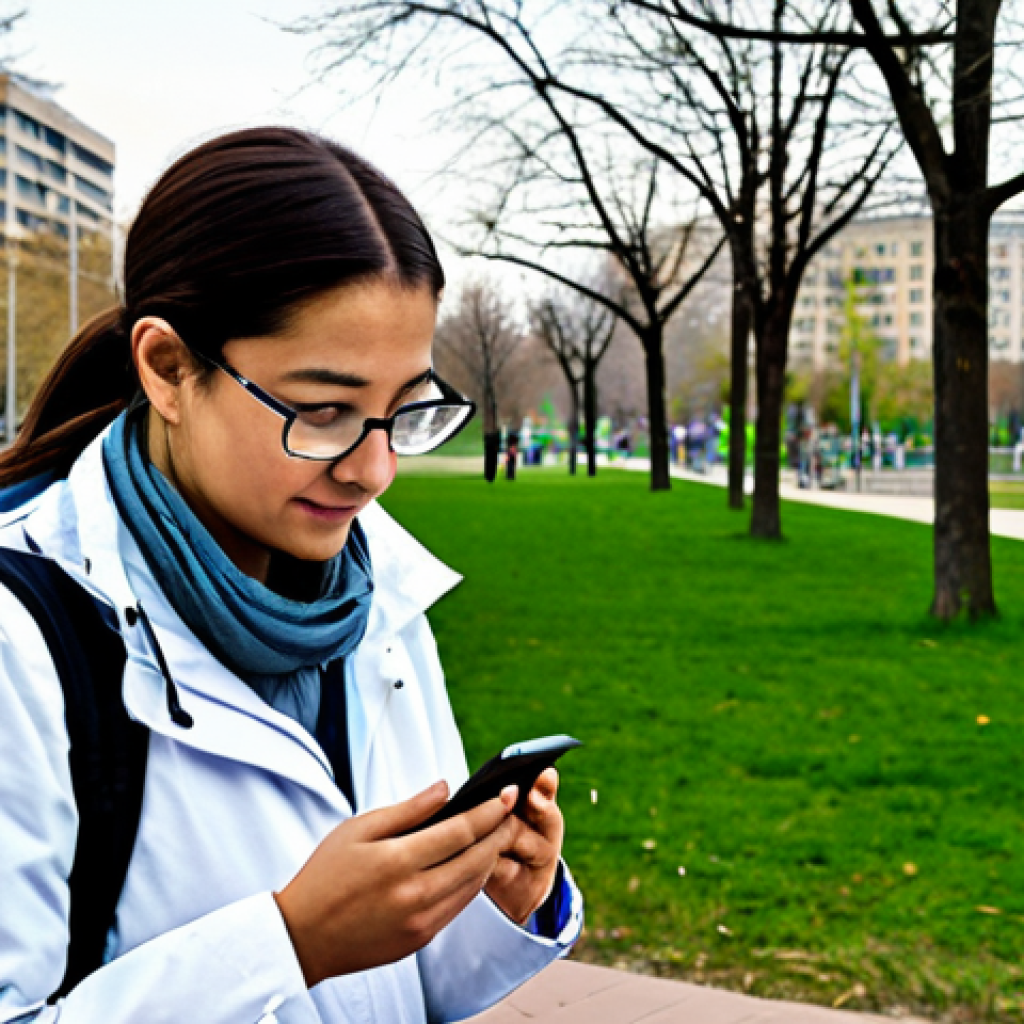 A focused adult citizen scientist, fully clothed in modest, practical outdoor attire, attentively holding a smartphone to observe and record environmental data in a natural pose. The background features a clean, well-maintained urban park with subtle, abstract digital data lines subtly layered in the distant scenery, hinting at data flow and privacy. The lighting is bright and natural, captured in a professional photography style, showcasing perfect anatomy, correct proportions, natural body proportions, well-formed hands, and proper finger count. This image is safe for work, appropriate content, and family-friendly.