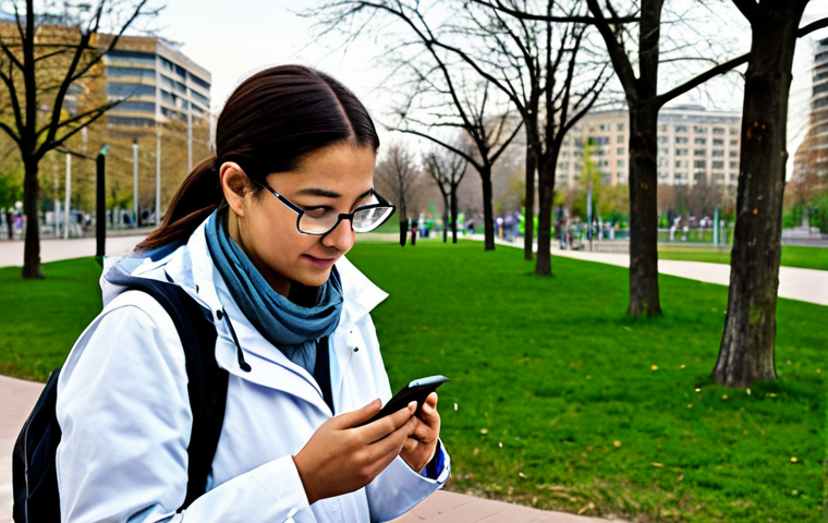 A focused adult citizen scientist, fully clothed in modest, practical outdoor attire, attentively holding a smartphone to observe and record environmental data in a natural pose. The background features a clean, well-maintained urban park with subtle, abstract digital data lines subtly layered in the distant scenery, hinting at data flow and privacy. The lighting is bright and natural, captured in a professional photography style, showcasing perfect anatomy, correct proportions, natural body proportions, well-formed hands, and proper finger count. This image is safe for work, appropriate content, and family-friendly.