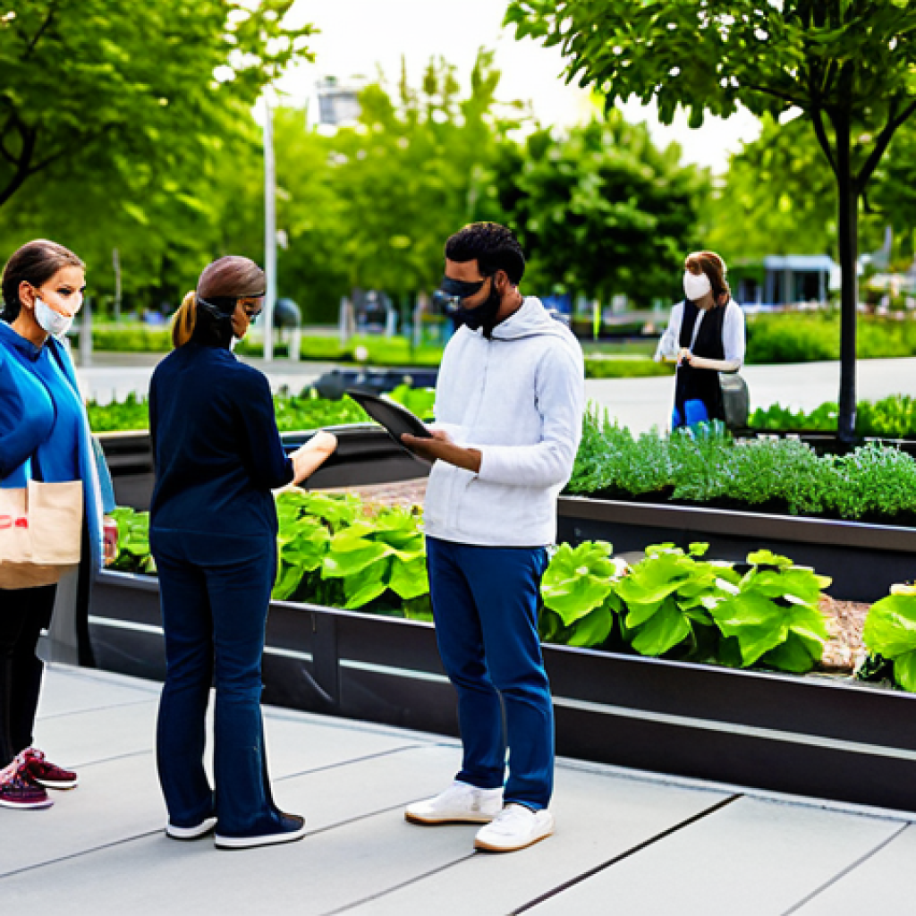 **Prompt:** A diverse group of professional, family-friendly citizens, including adults and young adults, fully clothed in modest, contemporary attire. They are collaboratively engaging in various environmental actions: one person is participating in an online petition on a tablet, another is holding a reusable shopping bag filled with eco-friendly products, and a third is gently tending to a small community garden patch. Set in a bright, clean, and modern urban park, with a backdrop of sustainable city architecture and natural elements. The atmosphere is optimistic and collaborative, safe for work, appropriate content. Professional photography, high detail, perfect anatomy, correct proportions, natural pose, well-formed hands, proper finger count, natural body proportions, volumetric lighting, vibrant colors.