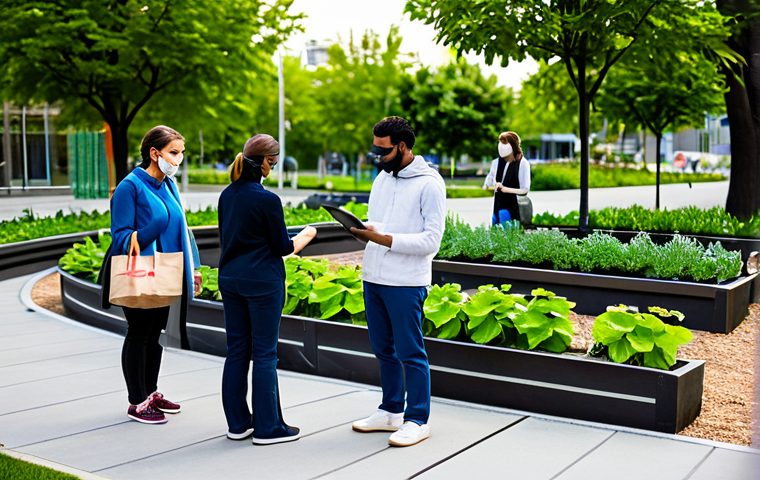 **Prompt:** A diverse group of professional, family-friendly citizens, including adults and young adults, fully clothed in modest, contemporary attire. They are collaboratively engaging in various environmental actions: one person is participating in an online petition on a tablet, another is holding a reusable shopping bag filled with eco-friendly products, and a third is gently tending to a small community garden patch. Set in a bright, clean, and modern urban park, with a backdrop of sustainable city architecture and natural elements. The atmosphere is optimistic and collaborative, safe for work, appropriate content. Professional photography, high detail, perfect anatomy, correct proportions, natural pose, well-formed hands, proper finger count, natural body proportions, volumetric lighting, vibrant colors.
