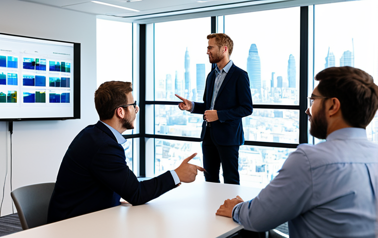 A diverse group of professional adults, fully clothed in modest business casual attire, engaged in a collaborative discussion around a large interactive screen displaying complex climate data visualizations. They are actively listening and pointing to areas on the screen, demonstrating transparent information sharing and active listening within a data-driven environment. The setting is a modern, brightly lit office conference room with a large window showing a blurred cityscape. Perfect anatomy, correct proportions, natural poses, well-formed hands, proper finger count, natural body proportions. Professional photography, high-quality, safe for work, appropriate content, family-friendly.