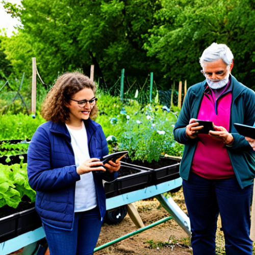 Home 28 A diverse group of citizen scientists, fully clothed in modest outdoor attire, are actively engaged in environmental observation in a vibrant community garden. One person holds a tablet displaying real-time AI analysis of plant growth data, showing its impact on a dynamic graph. Others observe birds with binoculars and record notes on smartphones. The scene emphasizes collaboration and the immediate value of their contributions. Perfect anatomy, correct proportions, natural pose, well-formed hands, proper finger count. Professional photography, high quality, safe for work, appropriate content, family-friendly.