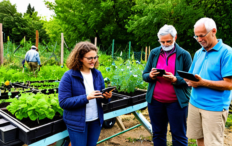 A diverse group of citizen scientists, fully clothed in modest outdoor attire, are actively engaged in environmental observation in a vibrant community garden. One person holds a tablet displaying real-time AI analysis of plant growth data, showing its impact on a dynamic graph. Others observe birds with binoculars and record notes on smartphones. The scene emphasizes collaboration and the immediate value of their contributions. Perfect anatomy, correct proportions, natural pose, well-formed hands, proper finger count. Professional photography, high quality, safe for work, appropriate content, family-friendly.