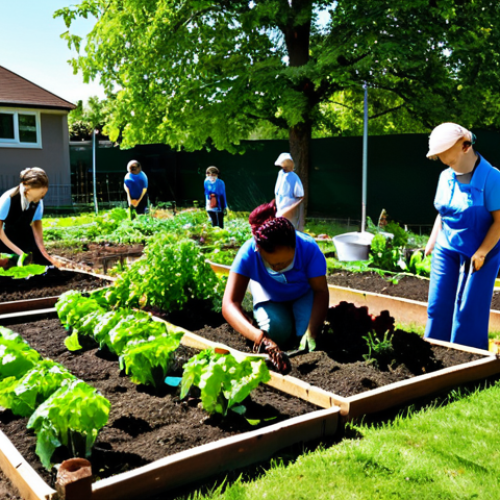 Home 27 **
"A group of diverse community members, including children, working together in a school garden, planting vegetables and flowers, fully clothed in appropriate gardening attire, safe for work, perfect anatomy, natural proportions, family-friendly, bright and sunny day, educational atmosphere, promoting local food and environmental awareness, appropriate content, professional photography."
**