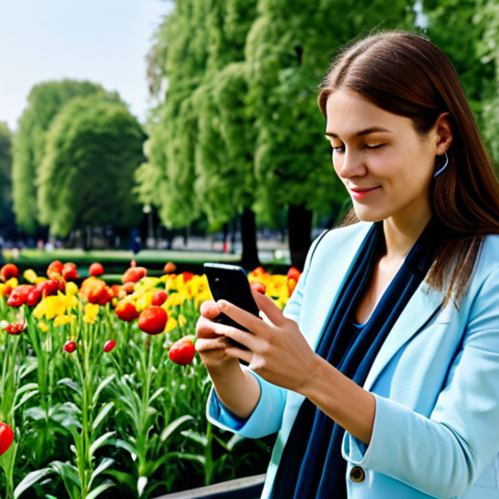 **

"A woman in appropriate outdoor clothing, fully clothed, using a smartphone to record data about a flower in a public park, daytime setting, natural lighting, safe for work, appropriate content, perfect anatomy, correct proportions, natural pose, well-formed hands, proper finger count, family-friendly, professional photography, high quality."

**