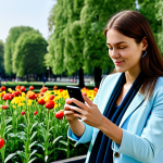 **

"A woman in appropriate outdoor clothing, fully clothed, using a smartphone to record data about a flower in a public park, daytime setting, natural lighting, safe for work, appropriate content, perfect anatomy, correct proportions, natural pose, well-formed hands, proper finger count, family-friendly, professional photography, high quality."

**