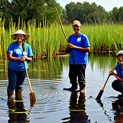 Home 25 Mute Swam Conservation**
"A group of diverse volunteers planting reeds in a wetland area, focusing on habitat restoration for Mute Swam , fully clothed in appropriate outdoor attire, safe for work, perfect anatomy, correct proportions, natural pose, bright daylight, optimistic atmosphere, community involvement, professional photography, high quality, family-friendly, environmental conservation."
**