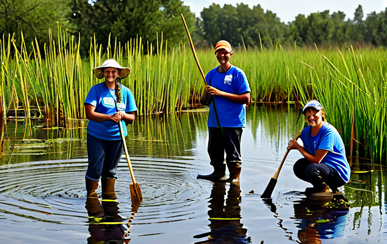 Mute Swam Conservation**
"A group of diverse volunteers planting reeds in a wetland area, focusing on habitat restoration for Mute Swam , fully clothed in appropriate outdoor attire, safe for work, perfect anatomy, correct proportions, natural pose, bright daylight, optimistic atmosphere, community involvement, professional photography, high quality, family-friendly, environmental conservation."
**